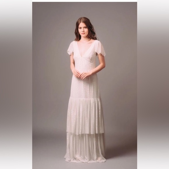 NEW BHLDN Sz12 PRISCA TIERED RUFFLE FLUTTER SLEEVE MAXI DRESS GOWN IVORY